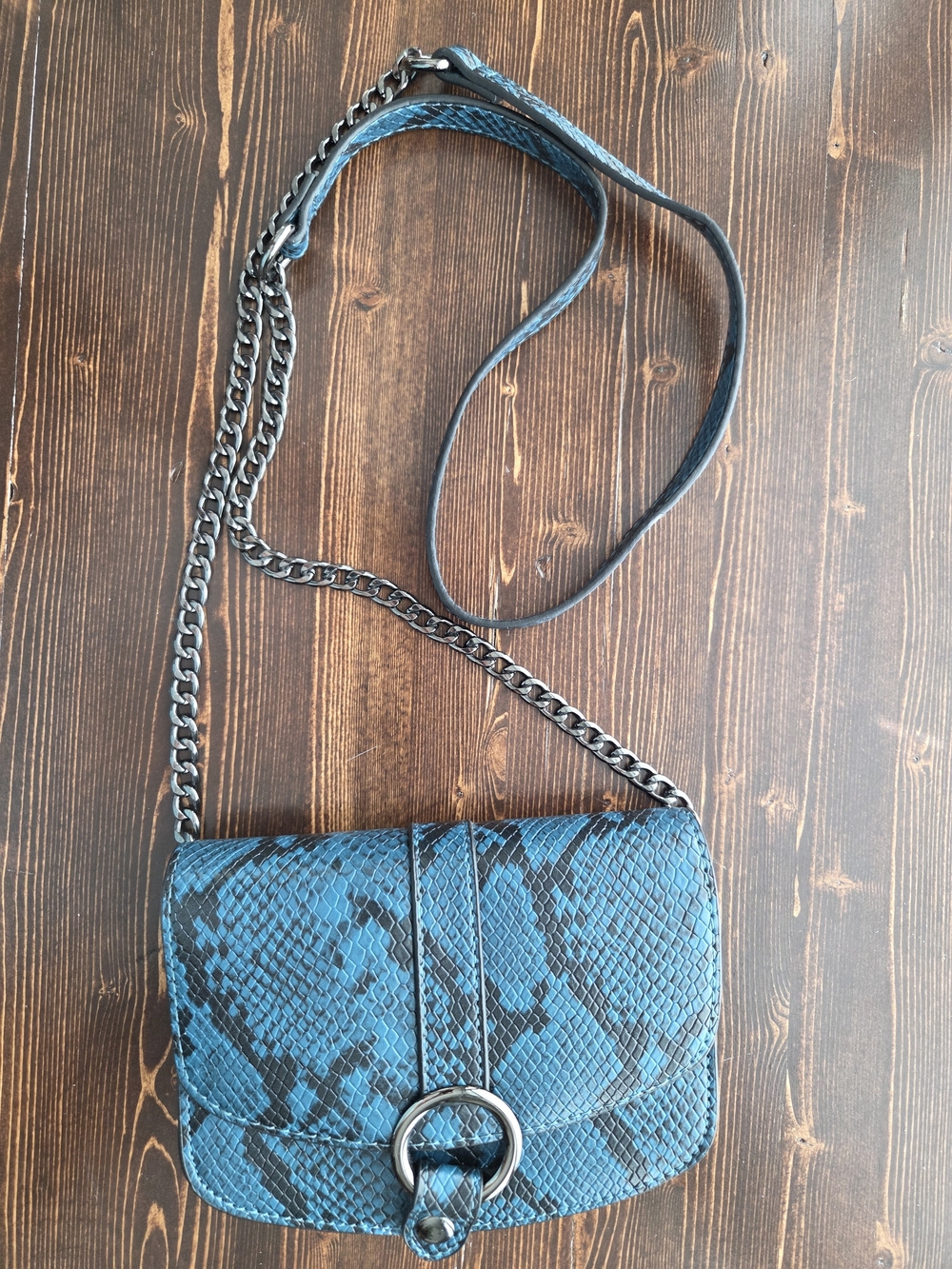 Call It Spring Blue Snake-Print Crossbody Bag with Gunmetal Chain